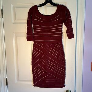 Maroon Bailey 44 off-shoulder bandage dress with sleeves.